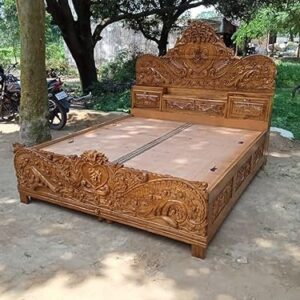 MUSKAN Arts Teak Wood King Size Bed for Bedroom| Double Bed Hand Carved Bed | with Box Drawer Space Heart Shape Designer Bed (215×185×140) Brown Finish
